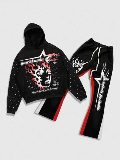 Street Life 2pcs Men's Streetwear Print Sweatshirt And Sweatpants Set, Suitable For Spring And Summer