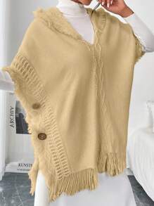 Chiquease 女士休闲毛绒边饰纽扣蝙蝠袖流苏下摆连帽斗篷针织套头衫秋冬款 - 卡其色 - 查看 4