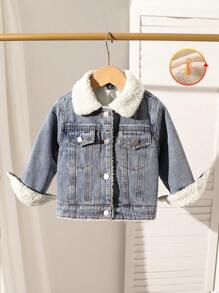 Veste en jeans doublée de polaire pour jeune garçon, manteau d'hiver avec col en sherpa chaud