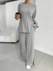 SHEIN Essnce 2pcs Women Autumn Casual Ribbed Knit Long Sleeve Split Hem Top And Pants Set,Casual Two Pieces Set,Women Outfit Sets,Fall Two Pieces Sets,