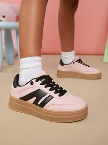 Mini mi Bestseller Kid's Black Pink Double-Stacked Platform Bold Sneakers,K-POP Styles,Light Weight, Fashion ,Versatile - Pink - View 3