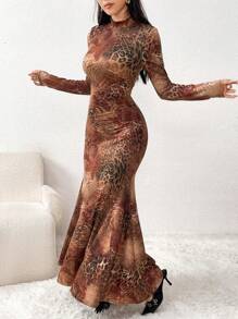 Modelyn Đầm dài tay thanh lịch cổ đứng in họa tiết toàn thân cho nữ, váy dạ hội dài - màu nâu - Xem 2