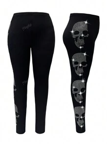 Plus Size Women Skull Rhinestones Decorated Leggings