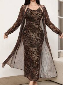 Modelyn 2pcs/Set Leopard Print Mesh Sleeveless Dress And Cardigan Shawl 2 Pieces Set Fall Cloth For Women - Coffee Brown - View 7