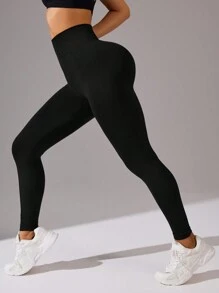 无缝弹性纯色瑜伽紧身裤 - 黑色 - 查看 4