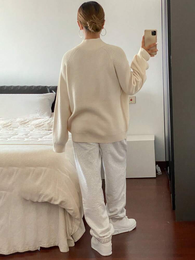 Women's Solid Color Letter Embroidery High Neck Long Sleeve Loose Knitted Sweater,Long Sleeve Tops,Fall Women Clothes