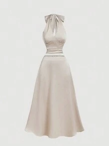 SHEIN MOD 女士蝴蝶结露背短款上衣和裙子套装、女士裙子套装、秋季两件套、返校节礼服、性感连衣裙、优雅女士连衣裙、美人鱼裙、秋季婚礼宾客礼服、香槟色连衣裙 - 杏色 - 查看 1