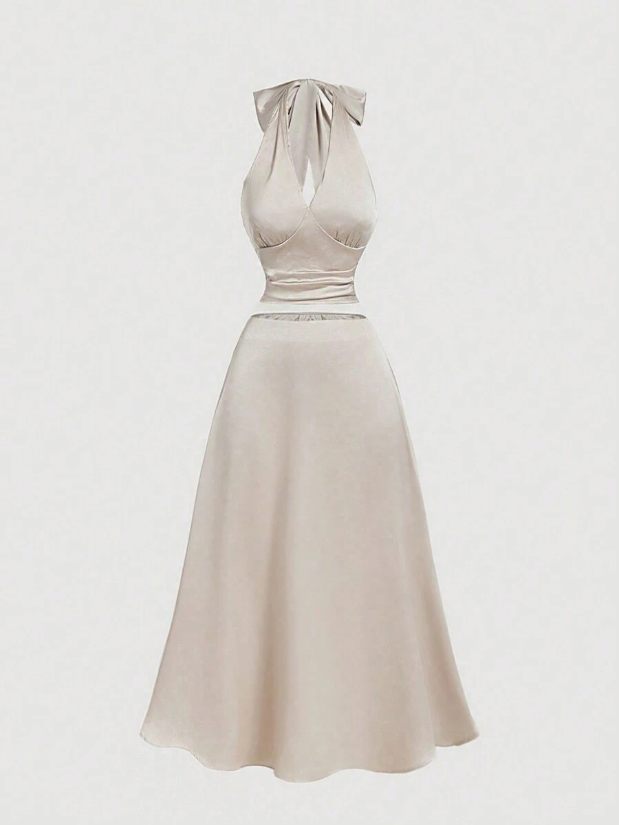 SHEIN MOD 女士蝴蝶结露背短款上衣和裙子套装、女士裙子套装、秋季两件套、返校节礼服、性感连衣裙、优雅女士连衣裙、美人鱼裙、秋季婚礼宾客礼服、香槟色连衣裙 - 杏色 - 查看 1