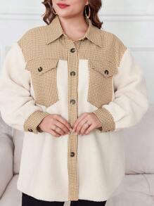 Lacomfia Plus Size Women's Houndstooth Patchwork Plus Fleece Thick Drop Shoulder Long Sleeve Casual Loose Jacket, Autumn/Winter Fall Cloth For Women - Beige - View 5