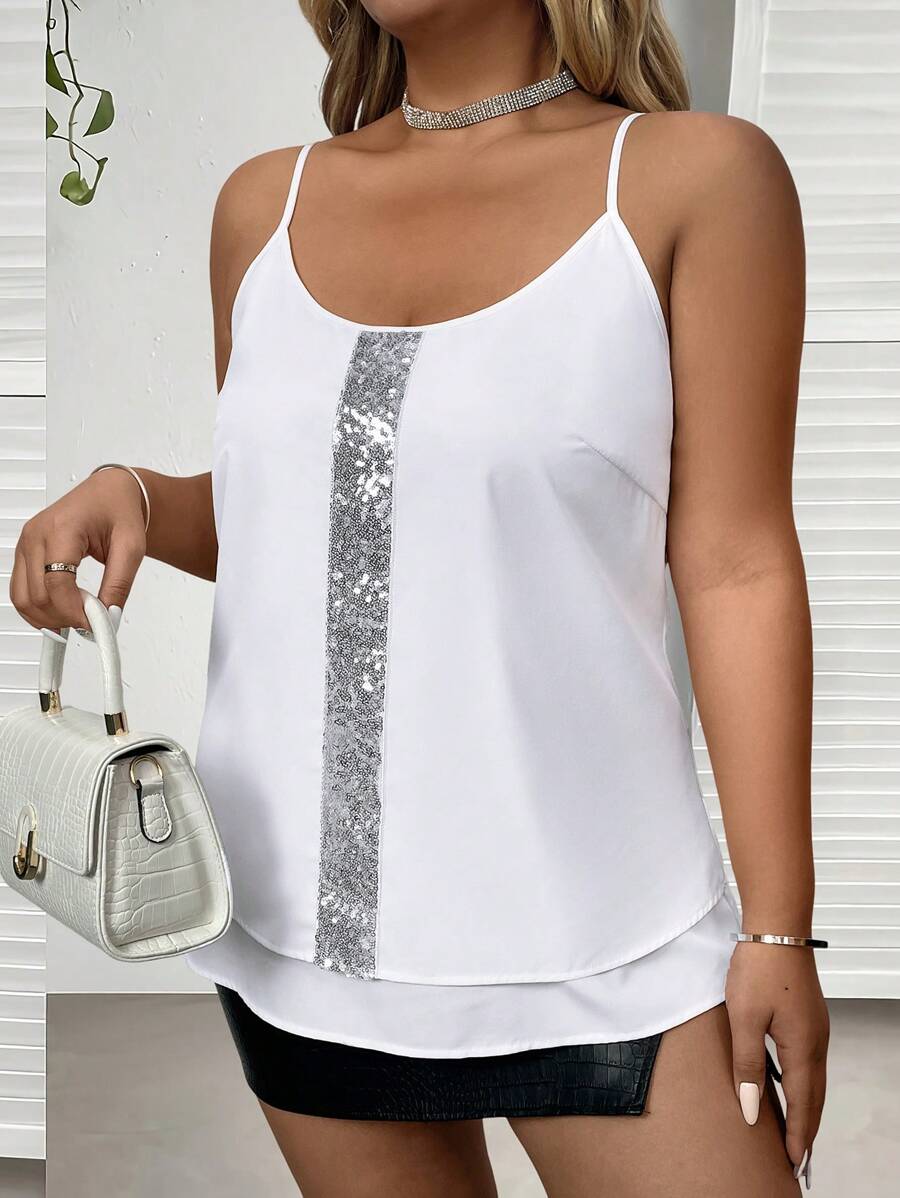 夏季撞色亮片吊带背心 图案 T 恤 女式上衣 女式白色上衣 女式白色上衣 女式白色上衣 女式白色上衣