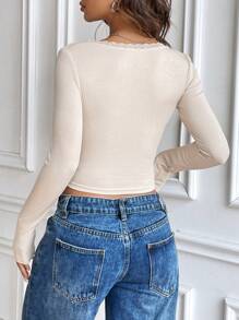 SHEIN Unity Women Contrast Lace Bow Decor Long Sleeve Slim Fit T-Shirt In Autumn/Winter Fall Cloth For Women - Apricot - View 2