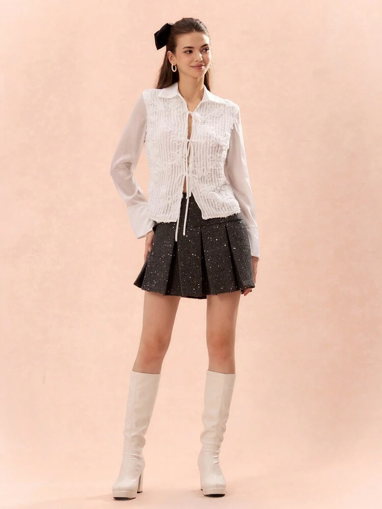 Women's 3D Jacquard, Spliced ​​Chiffon Long-Sleeved, Bow Tie Decorated Long-Sleeved Slim Shirt,Fall Women Clothes,Winter Women Shirts