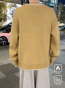Claim Dot Men's Graphic V-Neck Dropped Shoulder Casual Loose Cardigan, Fall/Winter - Apricot - View 2
