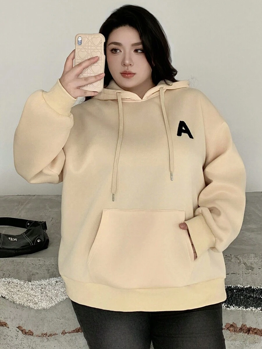 Dazy Plus 加大码连帽字母印花宽松保暖内衬运动衫，秋季服装