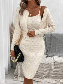 SHEIN LUNE Women's Autumn/Winter Cable Knit Textured Button-Up Cardigan