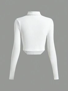 Muchica 女士秋冬街头休闲毛绒针织开叉设计高领白色长袖上衣 - 白色 - 查看 3