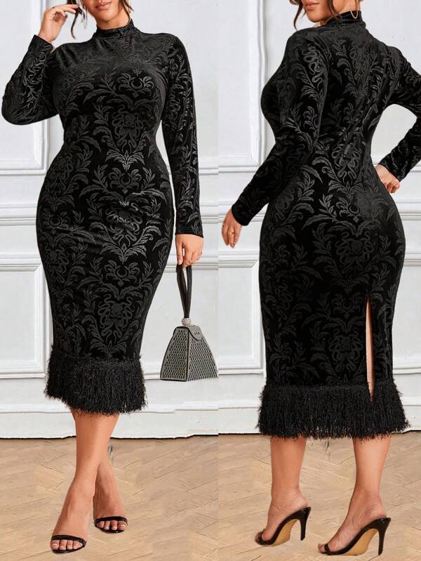 SHEIN BAE Plus Size Women Spring/Fall Floral Pattern Mock Neck Long Sleeve Fitted Elegant Dress