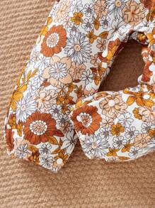 SHEIN 女童优雅复古法式花卉荷叶边围兜连体裤，适合外出，秋冬季 - 酒紅色 - 查看 4