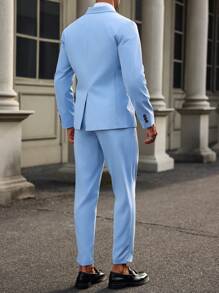 Manfinity Mode 2pcs Men Double-Breasted Blazer And Trousers Suit Set - Blue - View 2