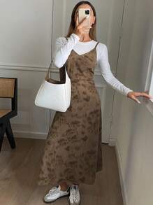 DAZY Ärmellose Damen Maxikleid mit Blume Muster und Reißverschluss, Herbstmode