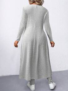 2 piezas Conjunto de pantalón y blusa de manga larga de unicolor para mujer de talla grande - Gris - Ver 2