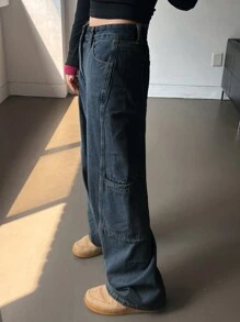 DAZY Dames effen zakje casual losse rechte pijp jeans