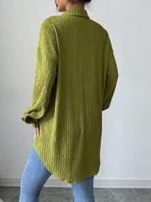 Chiquease Áo sơ mi dài tay họa tiết trơn màu mùa thu cho nữ - màu xanh lá - Xem 2