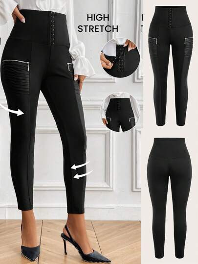 SHEIN Clasi 女士纯色前扣拉链简约修身休闲紧身裤