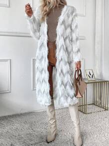 SHEIN LUNE Women's Fashion Casual Fringed Feather Trim Long Cardigan - White - View 6