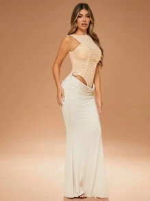 SHEIN Unity Đầm Maxi Không Tay Xếp Ly Cổ Tròn Cắt Rách Eo Colorblock - Màu vàng - Xem 3