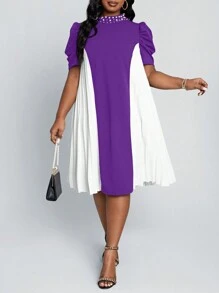 SHEIN Lady Váy công sở cỡ lớn cho nữ màu đen và trắng, cổ xếp ly, tay bồng, đính hạt, dự tiệc cưới, trang trọng, thanh lịch - Màu tím - Xem 3