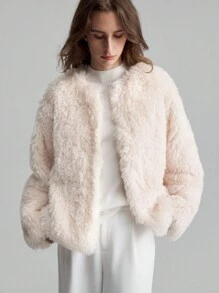 Ontre Women's Long Sleeve Round Neck Fluffy Jacket, Apricot Color Furry Long Coat For Autumn/Winter