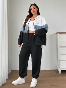 SHEIN EZwear 2 件大码拼色标语印花运动衫和运动裤套装，秋冬运动休闲 - 彩色 - 查看 6