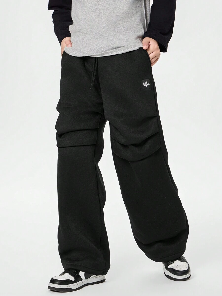 Casual Pleated Relaxed Straight Sweatpants For Tween Boys - Black - View 1