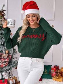 EMERY ROSE Damen-Strickpullover mit Rundhalsausschnitt, Drop Shoulder und langen Ärmeln mit Buchstabenmuster - Grün - Übersicht 2