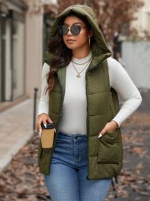 Calvaya Plus Size Solid Color Hooded Vest With Pockets, Autumn & Winter Clothes