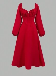 Allurite 纹理面料仿鱼骨优雅长袖红色连衣裙，适合约会和休闲穿着