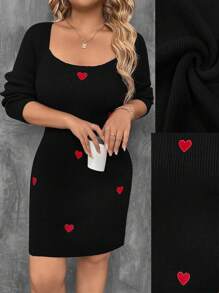 SHEIN Clasi Plus Size Black Heart Embroidered Bodycon Sweater Dress - Black - View 1