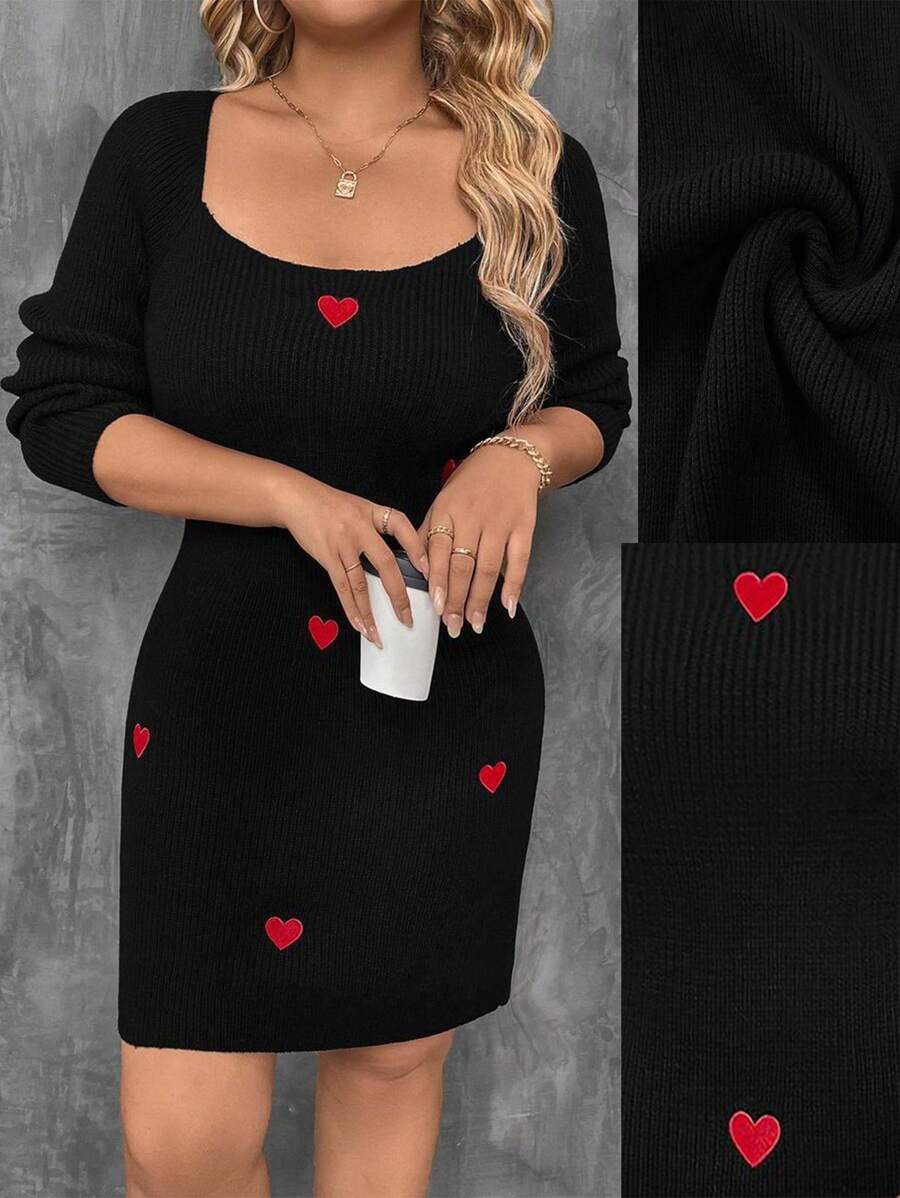 SHEIN Clasi Plus Size Black Heart Embroidered Bodycon Sweater Dress - Black - View 1