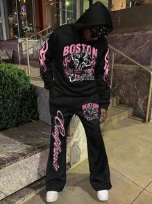 Manfinity EMRG Men's Letter Print Hooded Sweatshirt And Lace-Up Drawstring Pants Casual 2-Piece Set - Black - View 1