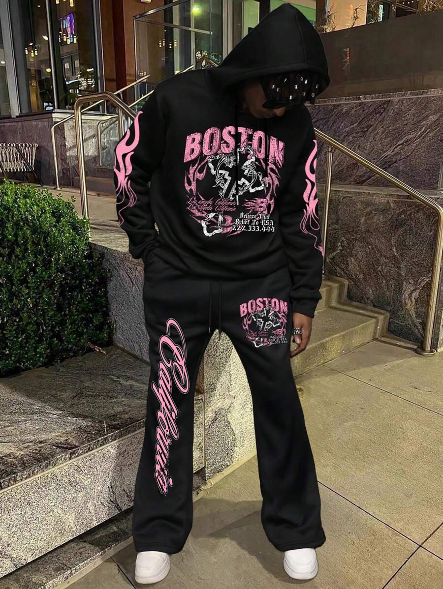 Manfinity EMRG Men's Letter Print Hooded Sweatshirt And Lace-Up Drawstring Pants Casual 2-Piece Set - Black - View 1