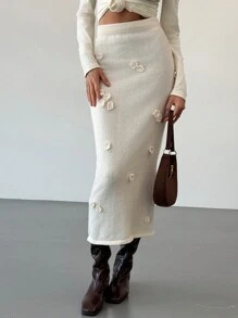 Aloruh Romantic Date Warm Apricot Mid-Length 3D Floral Ladies Sweater Skirt - Beige - View 5