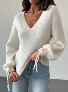 Aloruh Romantic V-Neck Fitted Lantern Sleeves 3D Floral Apricot Color Sweater For Women