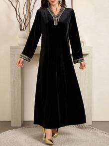 Al Najma Elegant Long Sleeve Velvet Modest Dress, Spring-Autumn 2024 New Arrival - Black - View 5