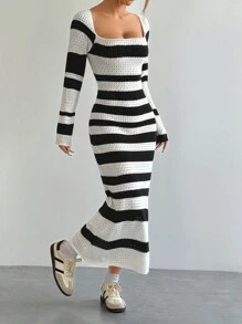 Flirla Women's Striped Turtleneck Long Sleeve Maxi Fitted Elegant Sweater Dress, Autumn Winter - Black and White - View 5