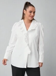 SHEIN Clasi 大码优雅简约白色衬衫，V 领和荷叶边饰领女式衬衫 - 白色 - 查看 6