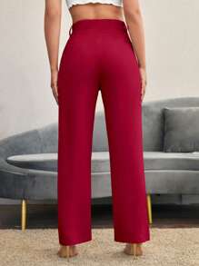 SHEIN LUNE Solid Color Button-Up Casual Straight Leg Pants In Fall/Winter - Red - View 2