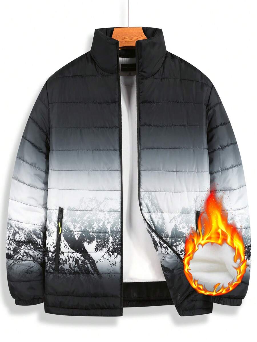 Manfinity Homme Men's Mountain Print Stand Collar Zip-Up Long Sleeve Padded Coat, Winter - Black - View 1