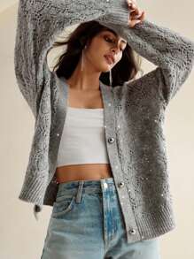 Anewsta 女士休闲柔软亮片开衫 - 灰色 - 查看 4