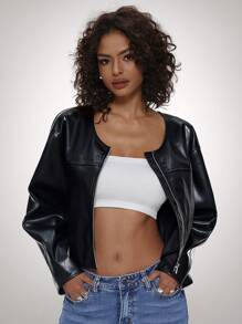 Forever 21 前拉链长袖休闲 PU 黑色简约夹克 - 黑色 - 查看 8